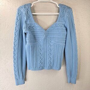 Marciano Guess Cable Knit Sweater Top L Baby Blue Sweetheart Neck Long Sleeve